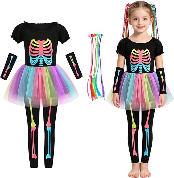 Girls's Rainbow Skeleton Costume,Glow In The Dark Tutu Dress Set with Hair Extensions Halloween