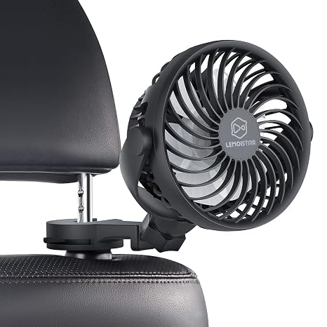 LEMOISTAR Battery Operated USB Car Fan, Electric Cooling Fan, 4 Speed,360 Degree Rotatable Backseat,5V Cooling Air Small Personal for Car, Rear Seat Passenger Dog Black