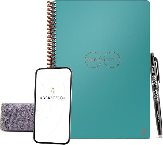Rocketbook Smart Reusable Notebook - Lined Eco-Friendly Notebook with 1 Pilot FriXion Pen & 1 Microfiber Cloth - Neptune Teal Cover Executive Size 6" x 8"