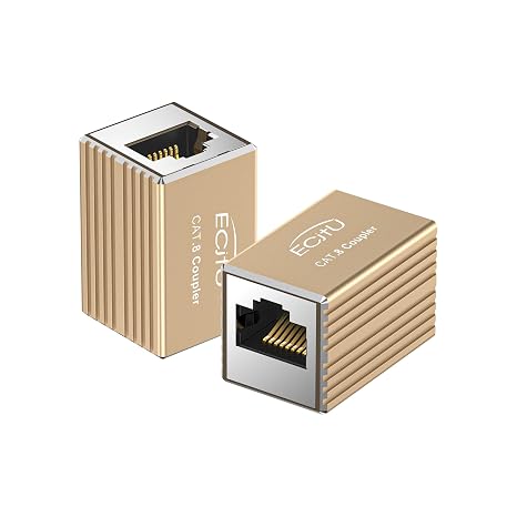 RJ45 Coupler, 2 Pack Ethernet Adapters Female to Female, Ethernet Cable Extender Adapter, 8-Pin Modular Straight Through, Network Connector for Cat8/Cat7/Cat6/Cat6a/Cat5 Ethernet Cable(Metallic Gold)