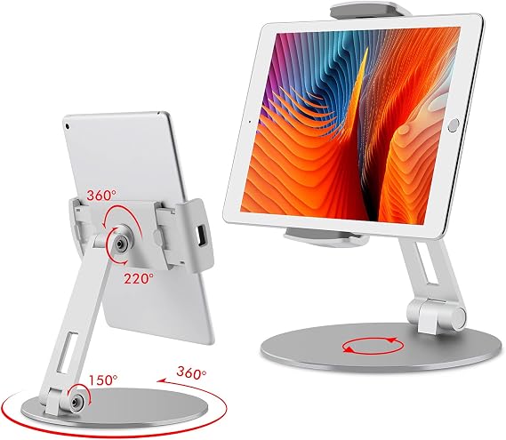 Viozon Tablet Stand and Holders with Adjustable Range and Height Aluminum Stand Compatible with iPad/iPad pro/ipad Mini/Cellphone/Kindle Desk Holder fits 3.5-13inches, 360 Swivel Adjustable Base