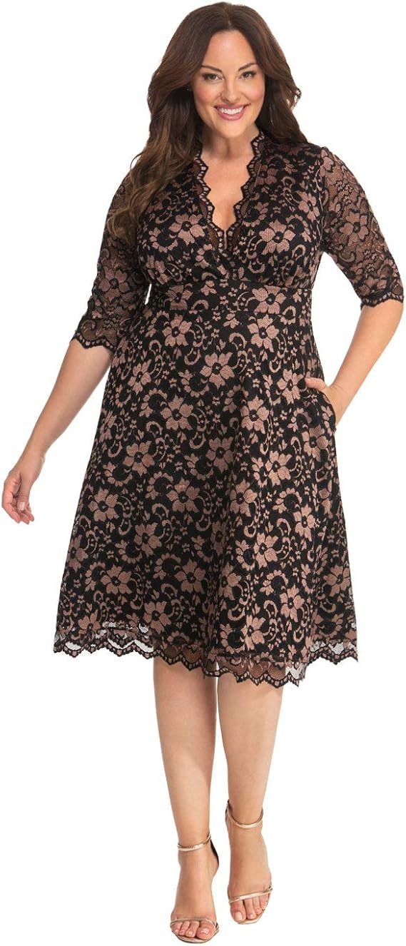 Kiyonna Women's Plus Size Mon Cherie Lace Dress, A-Line Midi Semi-Formal or Formal Cocktail Party Dress for Wedding Guest