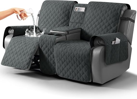 TAOCOCO 100% Waterproof Recliner Loveseat Cover with Console, Reversible Reclining Couch Cover for 2 Seats with Leg Straps, Washable Split Sofa Cover Protector for Pets Kids (Dark Gray)