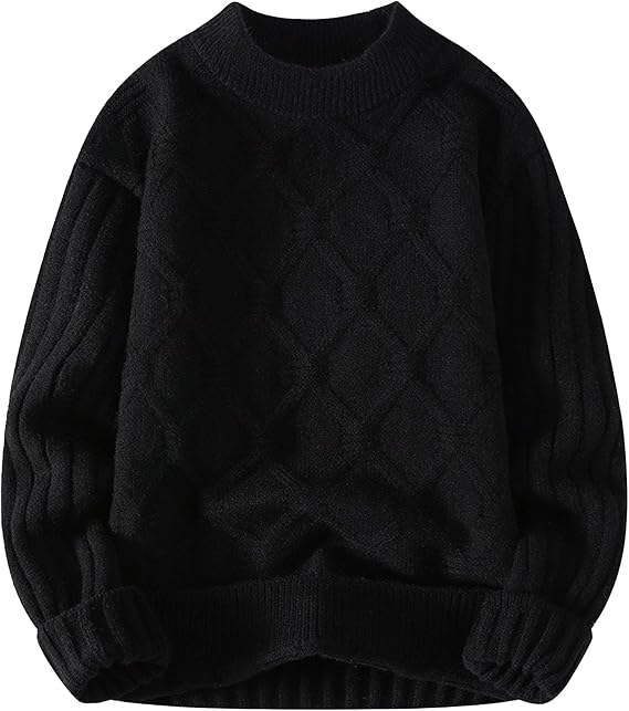 Mens Casual Cable Knit Sweater Fall Oversized Long Sleeve Pullover Crewneck Vintage Chunky Sweaters (Black,3X-Large)
