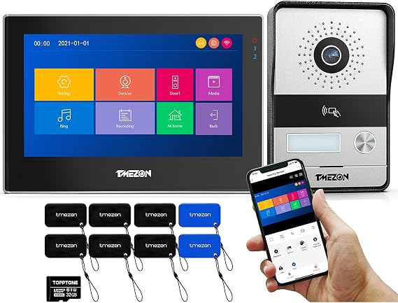 TMEZON Video Intercom System Doorbell with Camera and 7 Inch Monitor, WiFi IP 2-Wire Video Door Phone HD 1080P Kit Local Storage, No Monthly Fees, Remote Unlock, Snapshot, Card Swipe, Tuya w/32G Card