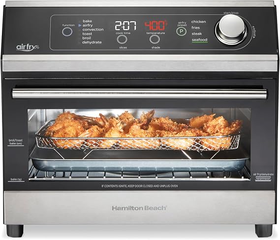 Hamilton Beach Digital Air Fryer Toaster Oven Combo, 10 Ways to Cook, 4 Preset Functions, Stay On & 1800 Watts, LED Capacitive-Touch Controls, 2 Rack Positions, Fits 12 Pizza, Black & Stainless Steel