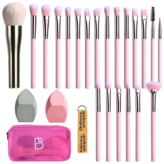 BS-MALL Makeup Brush Set 21 Pcs With Powder Brush, Concealer Brush, Eyeshadow Brush & Blush Brush - Includes 2 Pcs Big Blending Sponge & Stylish Travel Makeup Brush Case For Flawless Application