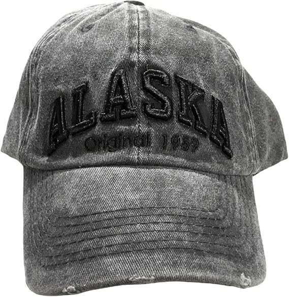 Robin Ruth Quality Ball Cap Hat Alaska Raised Black Letter Distressed Grey
