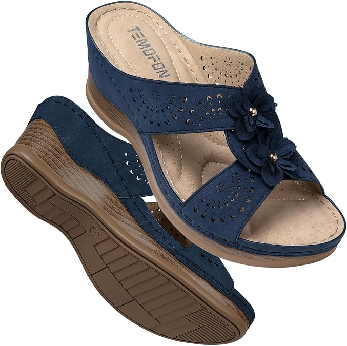 TEMOFON Womens Wedge Sandals Leather: Comfortable Walking Shoes Summer | Fit Wide Foot - Cute Style - Wear True Size 5-11