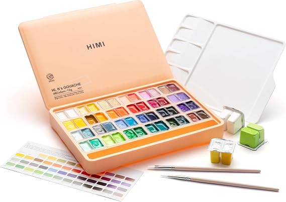 HIMI Twin Cup Jelly Gouache Paint Set with 3 Paint Brushes 48 Colors 12g Jelly Cup Design Non-Toxic Paint for Canvas and Paper Art Supplies Professional Peach Faz