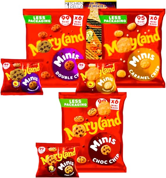 Maryland Minis Variety Bundle 3 Bags Chocolate Chip, Double Choc & Caramel Crisp (18 Mini Packs) Snack Multipack with Kitchenfella Top Movie Night Treats Guide Lunchbox Biscuits