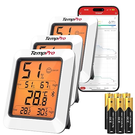 ThermoPro TempPro TP350 Bluetooth Room Thermometer, Indoor Hygrometer with Alerts, Humidity Meter and Temperature Monitor with Smart App Data Record & Export, Humidity Sensor for Baby Room, 3 Pack