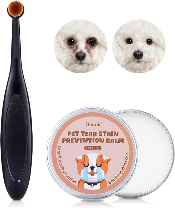 Tear Stain Remover Balm for Dogs & Cats with Pro Powder Brush Natural Safe Gently Removes Eye Gunk & Stains Great for White Dogs, Daily Eye Cleaning Works Better with Pet Eye Wipes,1 oz
