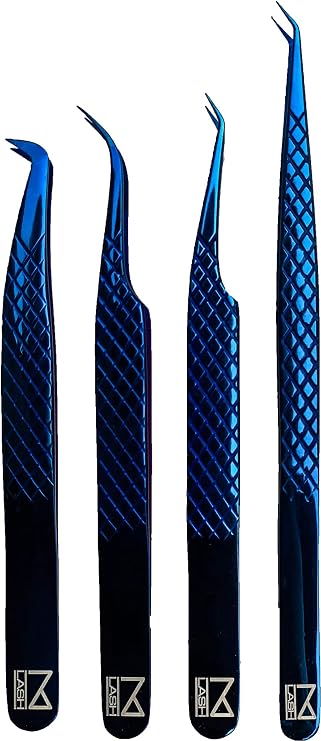 M LASH Tweezers, Eyelash Extensions Set of 4 | Blue | Fiber Tip, Japanese Steel, Diamond Grip | Professional Lash Extension Tweezer