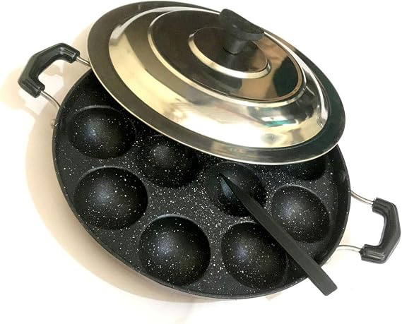 Non-Stick Appam Pan 12 Pit with Stainless Steel Lid Paniyaram Pan for Appam, Paniyaram, Aebleskiver & Paddu Heat Resistant Handle Appe Maker