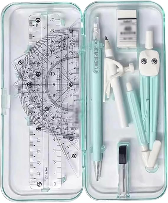Geometry Compass Kit 8 Pieces Math Compass Metal Compass and Ruler Tool Set Portable Student Drawing Compass Set with Clear Storage Box