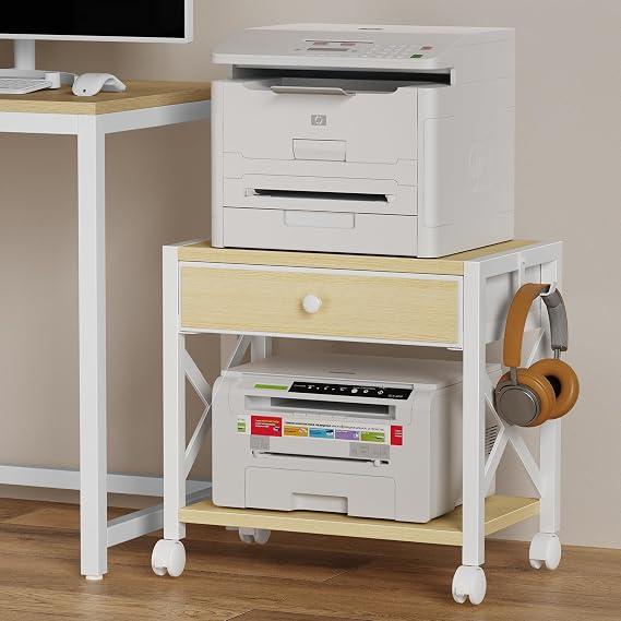 EasyCom Printer Stand with Fabric Storage Drawer and Locking Wheels