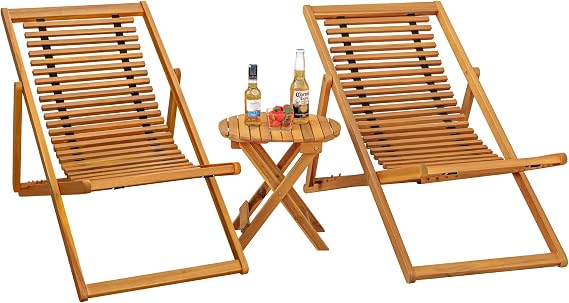 Flamaker Acacia Wooden Bench Chairs, Chaise Lounge Chairs for 2 | Adjustable and Foldable Outdoor Furniture with Side Coffee Table for Backyard,Pool,No Assembly