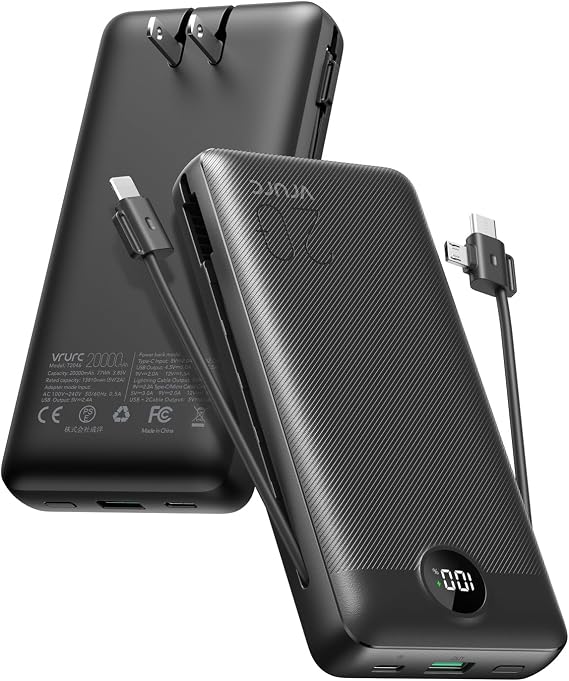 VRURC Portable Charger 20000mAh, Fast Charging Power Bank USB C,4 Output 2 Input Travel Essentials Charging Bank Equipped with LED Display,Built-in Wall Plug and Cables,Phone Charger Battery,Black