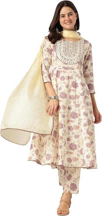 Janasya Indian Women's Cotton Off White Floral Print Casual Wear Kurta Set for Women