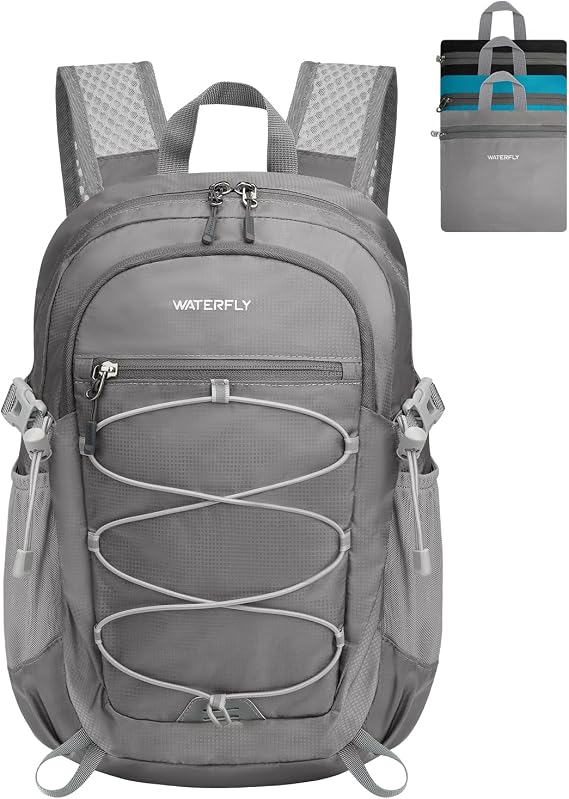 WATERFLY Small Lightweight Packable Backpack, Mini Foldable Travel Daypack | 15L, Ultra Light, Breathable Shoulder Strap, Outdoor Hiking Day Pack for Women Men, Multiple Pockets, Everyday Carry, Gray