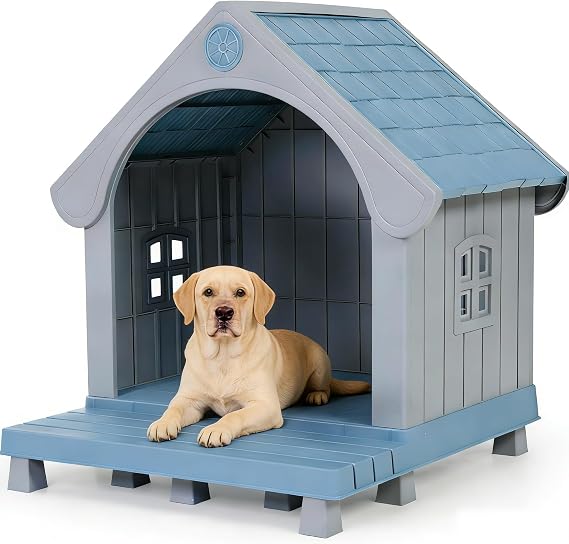 COZIWOW Large Dog House Outdoor Waterproof Plastic Pet Shelter with Porch, All-Weather Insulated Dog Kennel for Medium to Large Dogs, Easy Assembly, 36.6L x 34.3W x 37.8H
