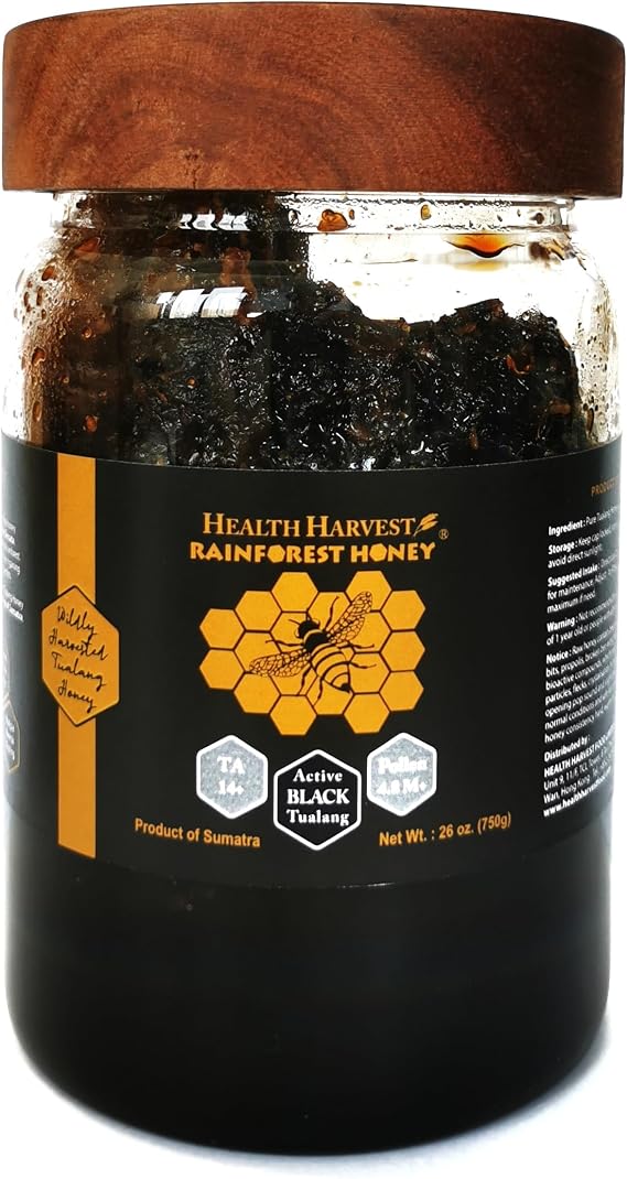 Premium Tualang Black Honey with Comb 750g (TA 14+, Pollen Count 4.8M+, Pollen Variety 150+) Intense Choice for Men Preservation, Wild-ripening on 250ft Treetop, Raw, Unpasteurised, Unfiltered