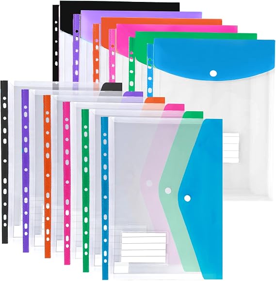 Plastic Wallets A4 Punched Pockets, 12 Pack Expandable Poly Pockets A4, Plastic Sleeves for Document Filing, Waterproof, Stationary Supplies for School, Office, Home, Travel