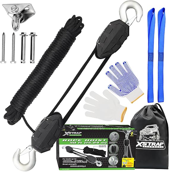 XSTRAP STANDARD 50 Feet Rope Hoist, Heavy-Duty 2000LB Break Wheel Block | Tackle Pulley System for Lifting Heavy Objects with Work Gloves, 2pcs Soft Loops, 1 Swing Hanger for Garage Warehouse