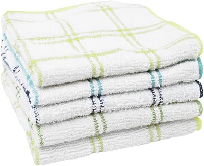 Ritz 100% Cotton 12-inch x 12-inch Kitchen Dish Towel, Gentle Cleaning Wash Cloth with Poly Scour Side, BlueGreen, 5-Pack