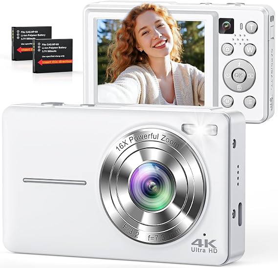 Digital Camera 4K 64MP Camera Double Camera with Auto Focus Flash 16X Zoom Anti-Shake Compact Vlogging Camera for Children Teenagers Adults Beginners White