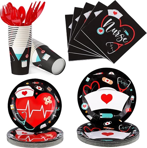 Yisong 168 Pcs Nurse Graduation Party Decorations, Doctor Medical Birthday Tableware Set 24 Guests Dinner Dessert Plates Cups Napkins for Doctors Day Nursing School Office Party Supplies(Black)