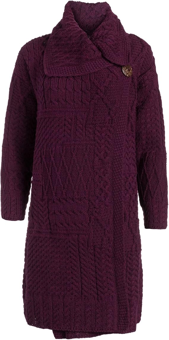 Ladies Irish Knit Caitriona Long Cardigan - 100% Merino Wool Single Button Coat