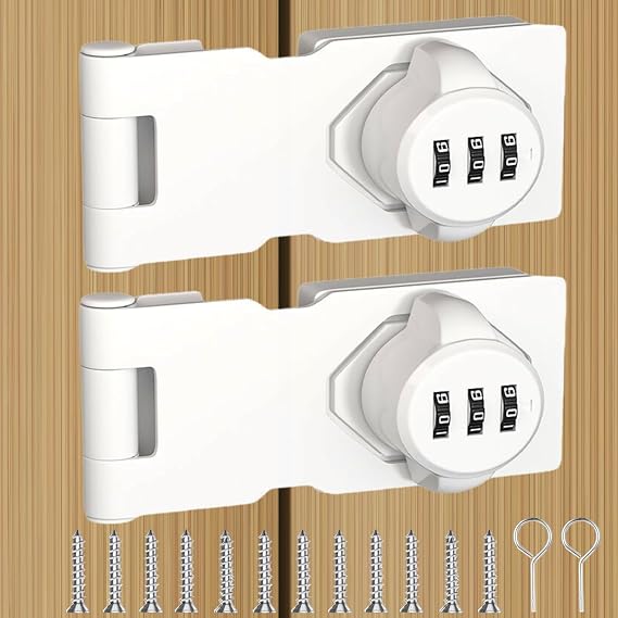 Bifold Door Lock 3-Digit Password Keyless Cabinet Door Locks with Combination Sliding Closet Lock Pantry Lock, Closet Door Lock for Double Barn Shed Yardlock for Garage Garden 2 Pack White