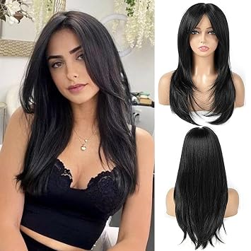 Black Wigs for Women 22 Inch Layered Wig With Bangs Natural Looking Shoulder Length Wig Heat Resistant Synthetic Fibre Wigs for Daily Party UseBlack