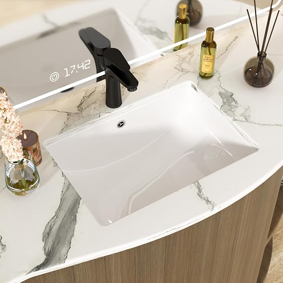 Undermount Bathroom Sink White 21.1"x15.1" Ceramic Overflow Basin | Interior Bowl 19.2"x 13.1", Rectangular Undermount Basin, Modern Porcelain Under Counter Bathroom Vanity Sink, Easy to Clean