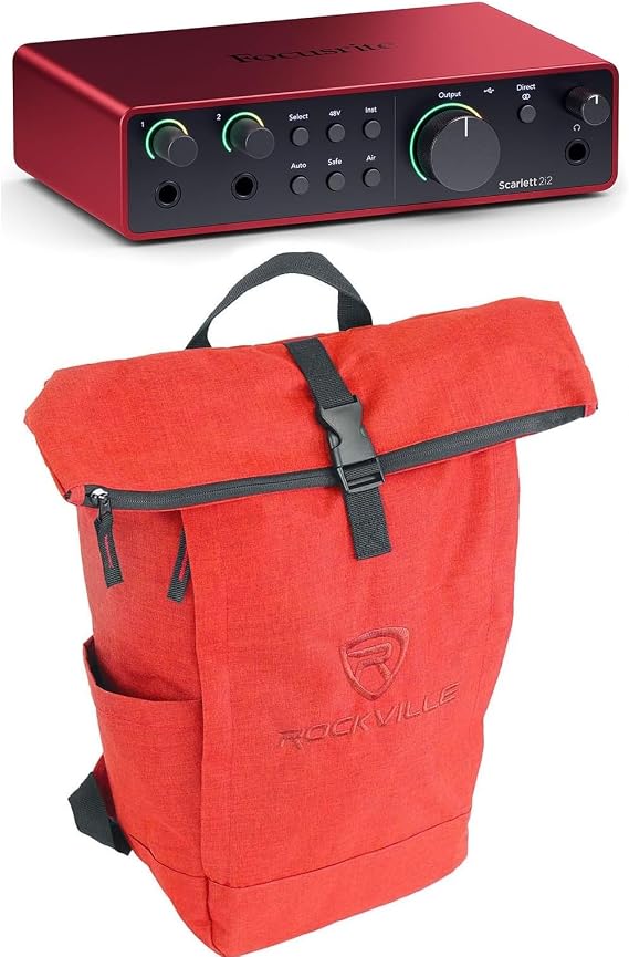 Focusrite Scarlett 2i2 4th Gen Bundle: USB Audio Recording Interface+Software, 24-Bit 192 kHz, Studio Backpack Bag with Padded Laptop Pocket, Auto Gain, Clip Safe, 2-items