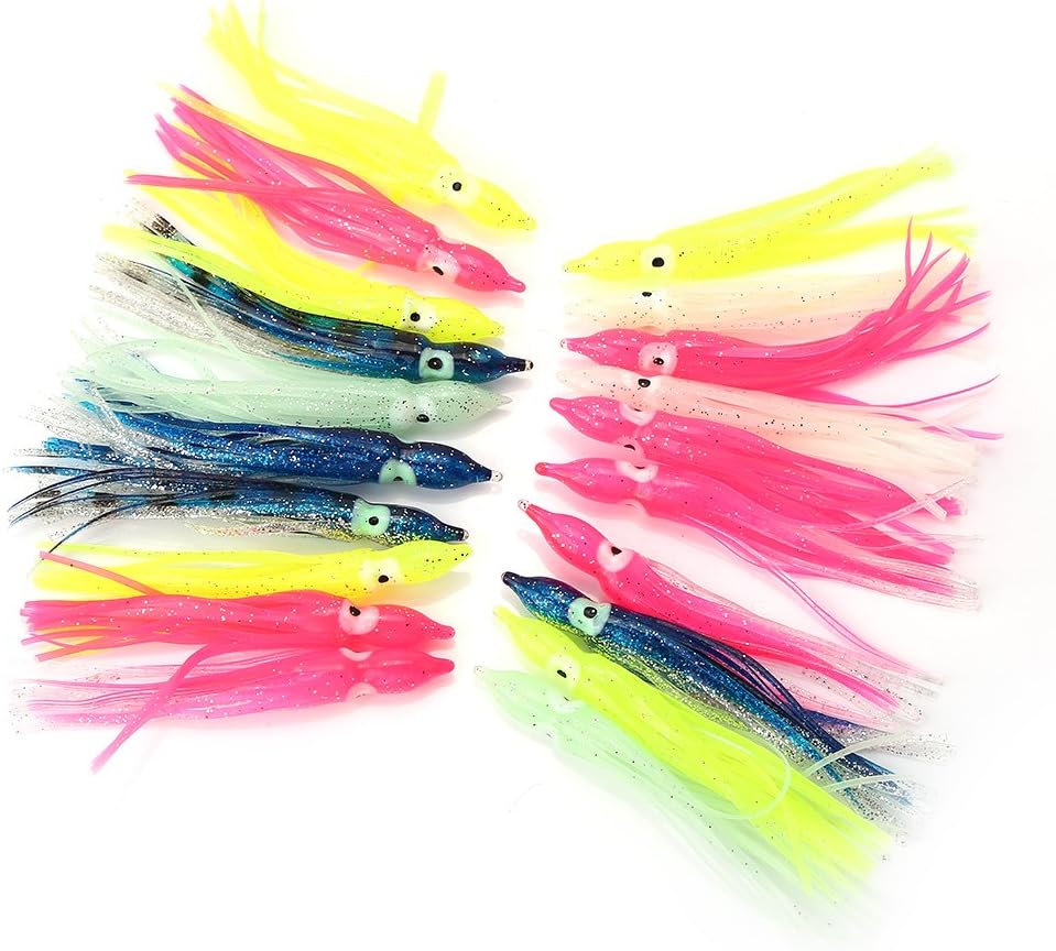 20Pcs Squid Fishing Lures, Artificial Soft Octopus Skirts Trolling Saltwater Bait10cm Hoochie Lure