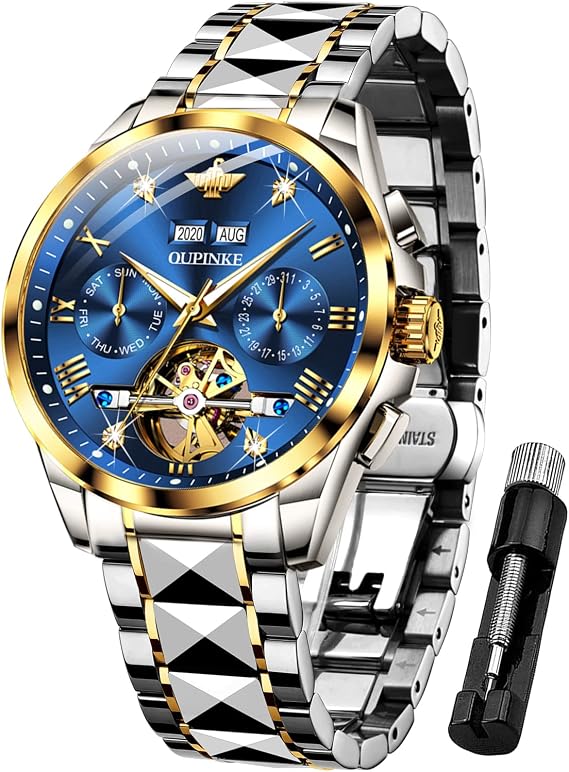 OUPINKE Men's Automatic Skeleton Tourbillon Automatic Luxury Sapphire Crystal Business Dress Wrist Watch Blue Dial Two Tone Band , Mechanical