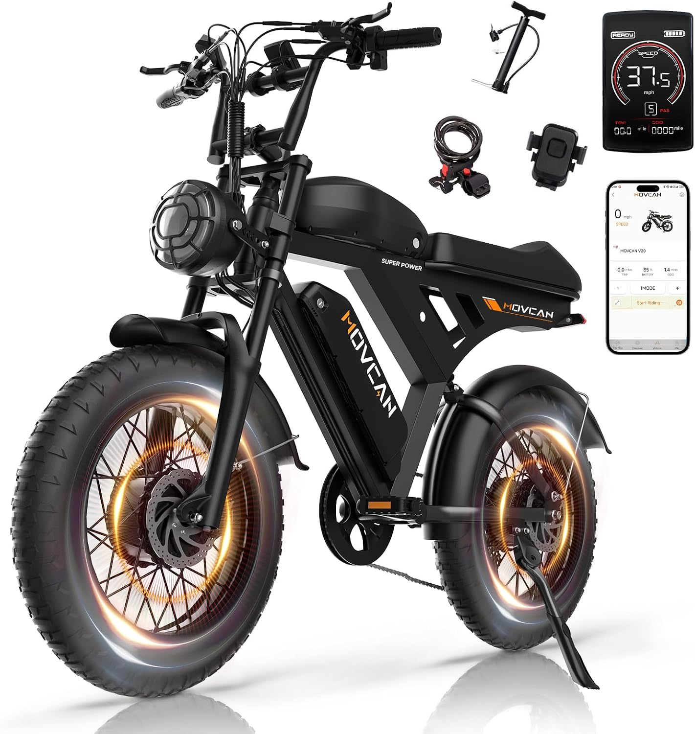 V30V30MaxV30ProMax Electric Bike for Adults, 1000W1500W3000W, 283237.5MPH, 48V 15.631.240AH Battery, Max Range 120Mile Electric Dirt Bike, 20 Fat Tire, 7-Speed Electric Mountain Bike