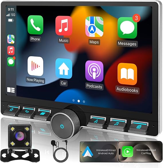 10inch 4Core 2+32GB IPS Full Touch Screen Android Car Radio Audio Video Stereo Player for Double Din Raido Model with CarPlay Android Auto WiFi BT MirrorLink Split Screen PIP GPS Navigation