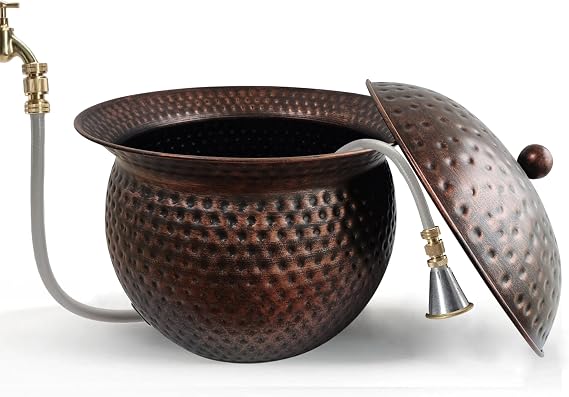 BSTGIFTS Garden Hose Holder Pot with Lid - Hose Storage Pot with Copper Finish and Hammered Accent - Stell Water Hose Container, Water Hose Hider Outdoor or Indoor Use