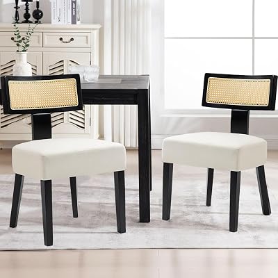 Rattan Dining Room Chairs Set of 2, Mid-Century Modern Kitchen Chair with Cane Back & Wood Frame in Black Finish, Beige Linen Upholstered