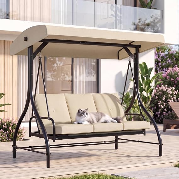 MAMIZO 3-Seat Patio Swing with Adjustable Canopy & Backrest