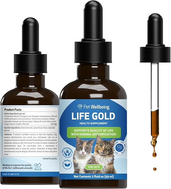 Pet Wellbeing Life Gold for Cats - Immune & Cellular Health, 2 oz | NASC Certified & Vet-Formulated Liquid Immune Supplement with Sheep Sorrel & Burdock Root for Lymphatic & Immune Support
