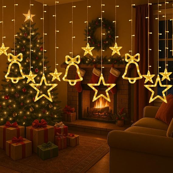 Fairy Lights 176 LED Christmas Lighting Window 2.5 m Light Curtain with Stars Trees & Bells 15 Strands 8 Modes Timer 3 m Cable Indoor Christmas Lighting for Windows and Christmas Decoration [Energy Class G]
