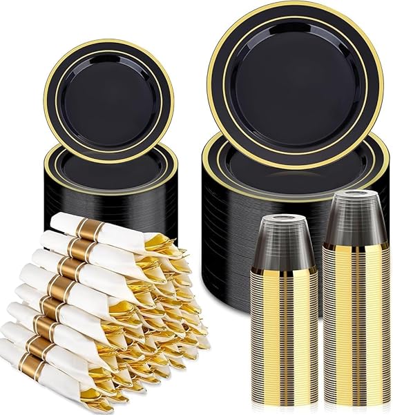 BESTVIP 350 Piece Black Gold Dinnerware Set for 50 Guests