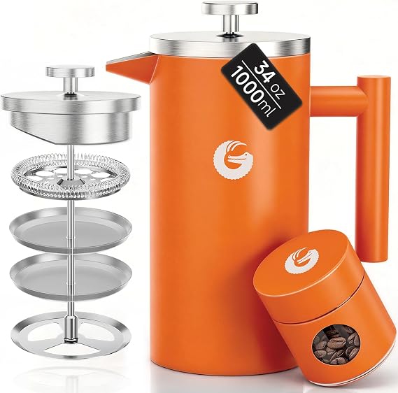 Coffee Gator French Press Coffee Maker 34 oz, Non-Toxic, Orange