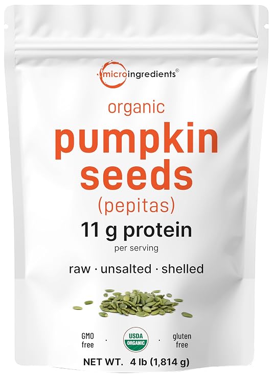 Organic Pumpkin Seeds, 4lbs | Raw, Unsalted, Shelled Whole Pepitas | Pumpkin Seeds to Eat | Great for Baking, Smoothies, Salad Toppings | Natural Source of Essential Fatty Acids, Protein, Iron