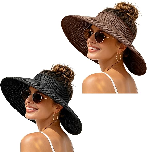 Sun Hats Visor for Women, UV UPF Straw Beach Hat Foldable Wide Brim Ponytail Summer Hats Packable Travel